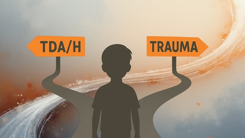 Silhouette d’un enfant devant deux panneaux indicateurs, l’un vers le TDAH, l’autre vers le trauma